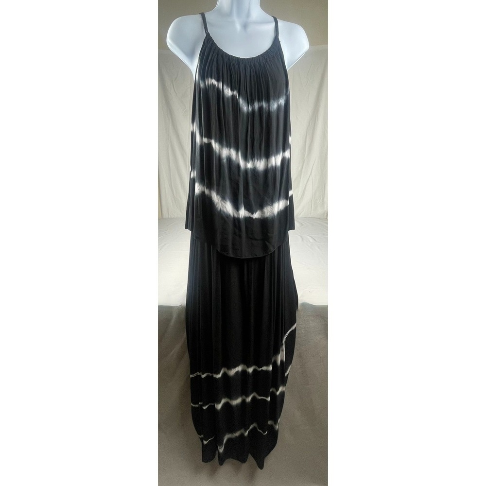 TEMPO PARIS DRESS LARGE BLACK TIE DYE‎ MAXI SUNDRESS SPAGHETTI STRAP BOHO NWT
